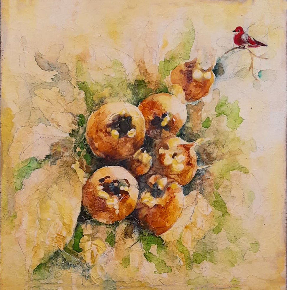 Dipinto-Materico-in-rilievo-Natura-Macro-con-Uccellino-colore-Beige-Terra-Verde-40x40cm